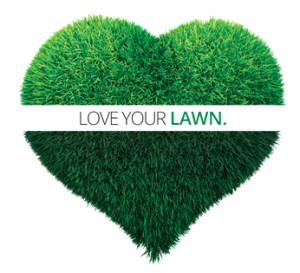 Green grass in shape of heart with a label: Love Your Lawn. Take Lawncare service if you really love your Lawn