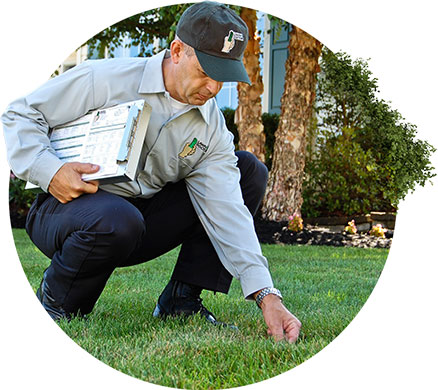 Post image Lawn Doctor expert with clipboard stoops down to check the soil